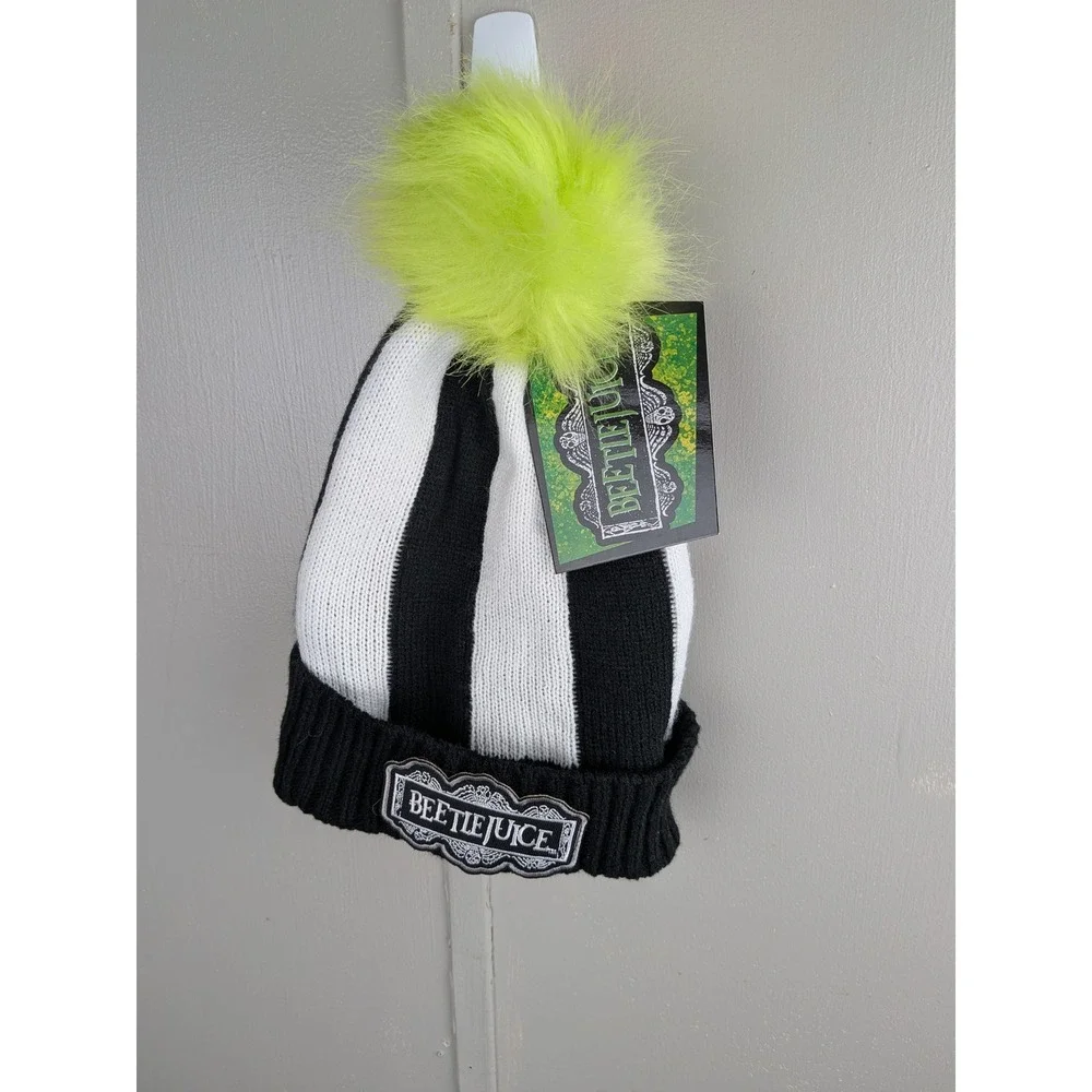 Beetlejuice Striped Knit Beanie Hat with Neon Green Pom Pom Kids One Size NWT